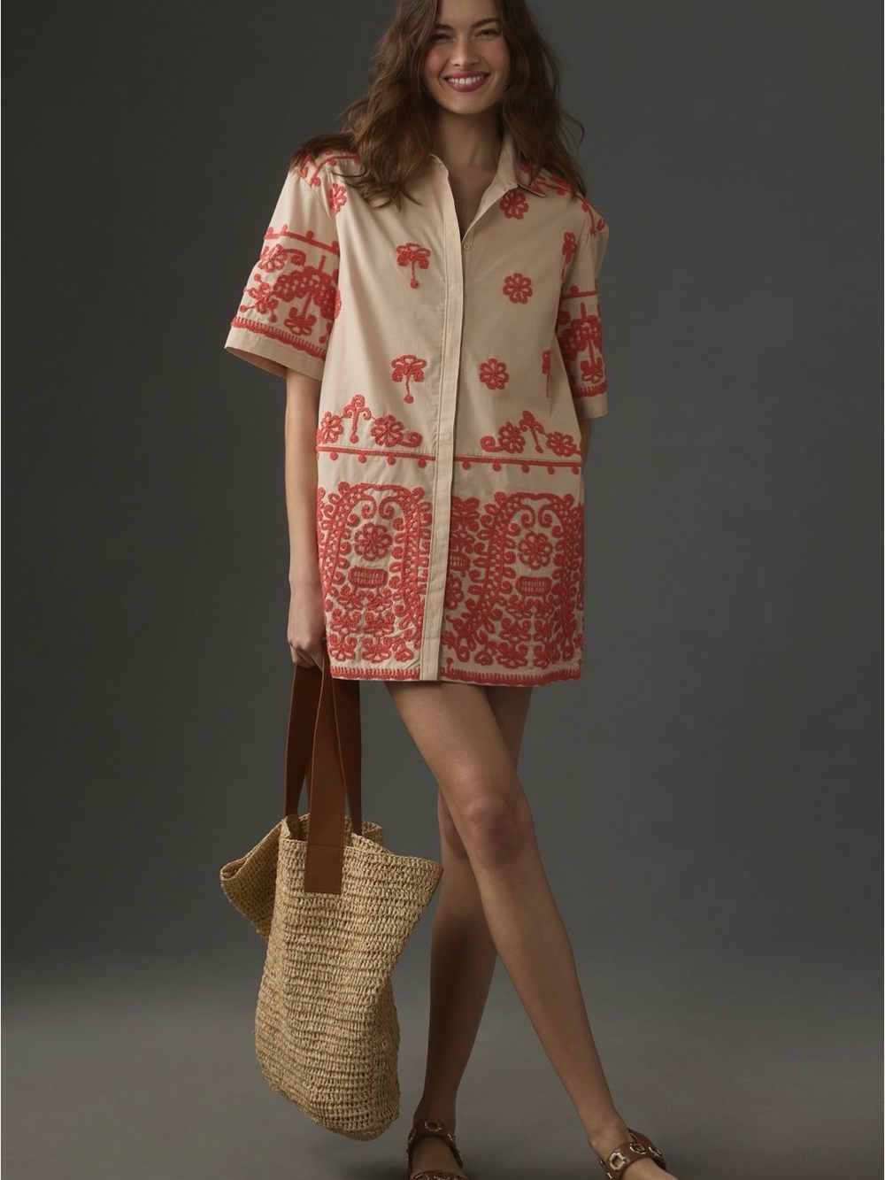 Anthropologie Maeve Beige Dress with Coral Embroidery- size small